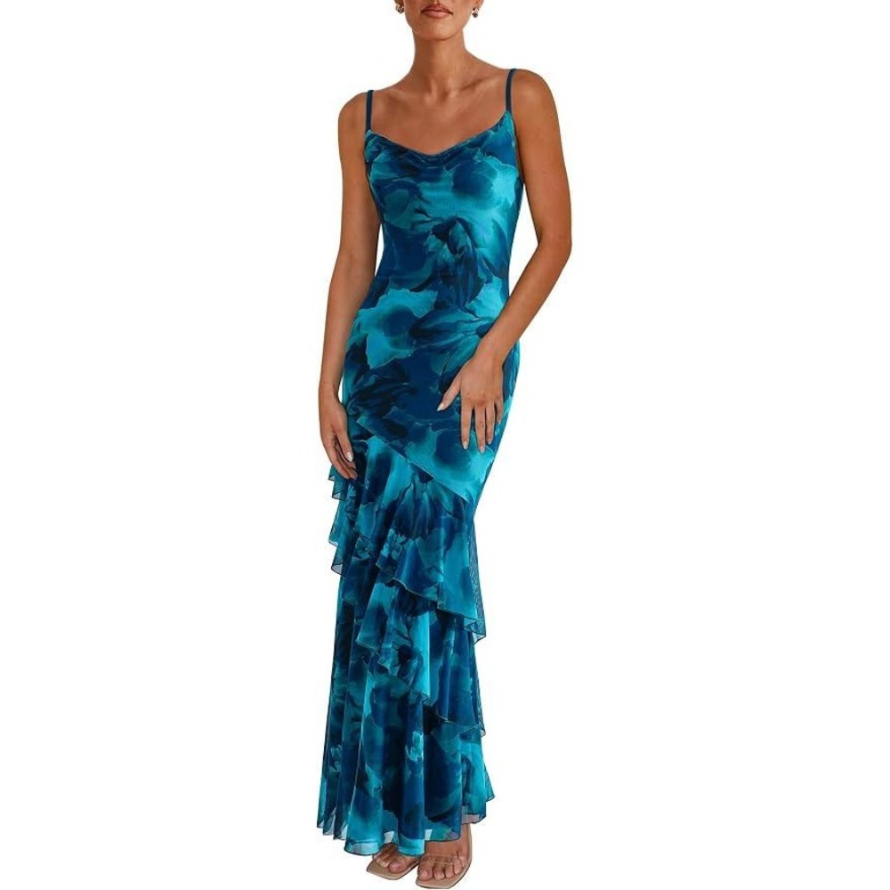 MSRP $61 PRETTYGARDEN Women's XS Boho Floral Tiered Maxi Dress Spaghetti Strap